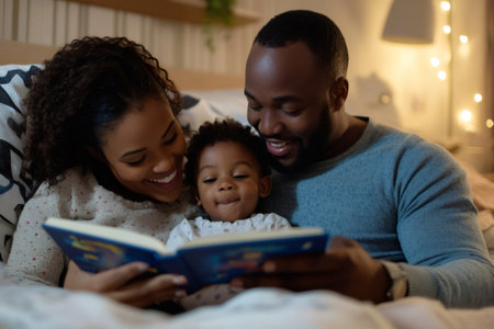 Happy black family parents, child, reading book in bed, enjoying story time togetherの素材