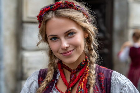 Young woman with blonde braids and blue eyes posing in traditional folk attireの素材