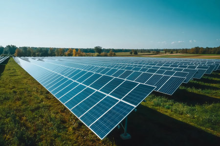 Solar panels capturing sun rays for sustainable power productionの素材