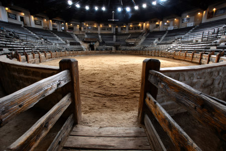 Rustic wooden fence and dirt floor creating a classic rodeo atmosphere under stadium lightingの素材