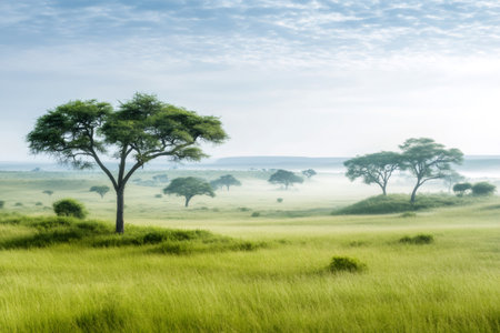 Lush green grassland stretching under a light blue cloudy sky with misty horizonの素材