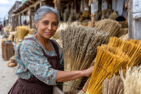 Hispanic woman looking at camera, standing among handmade brooms at a traditional market stallの素材