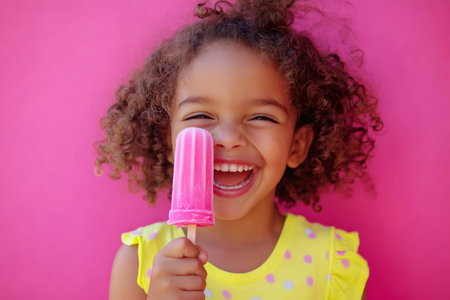 Happy child with curly hair smiling while holding a sweet dessertの素材