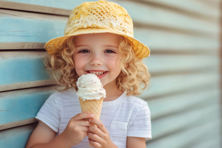 Young child enjoying sweet ice cream during summer, showing pure happinessの素材