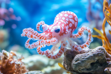 White and red vibrant octopus with tentacles spread in an underwater aquarium environmentの素材