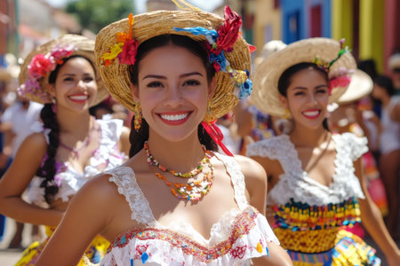 Young women smiling, wearing straw hats and colorful traditional attire during a festivalの素材