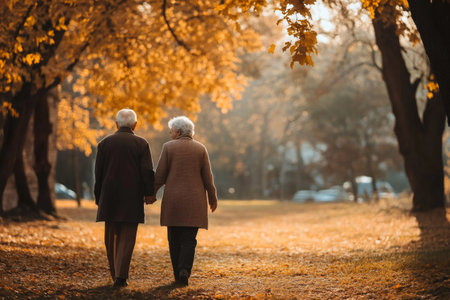 Senior couple enjoying a romantic walk together, surrounded by golden autumn foliageの素材