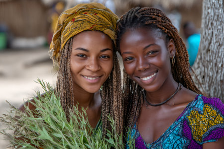 Two young African women smiling, holding green herbs together, representing a bond of friendshipの素材