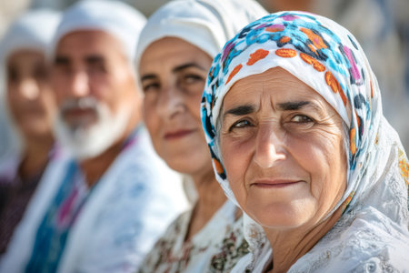 Elderly woman with a patterned headscarf smiling, surrounded by other peopleの素材