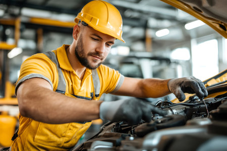 Auto repair technician performing routine vehicle check in workshopの素材
