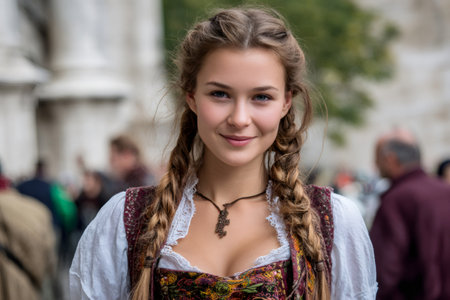 Young woman smiling while wearing a traditional dirndl with braided hairの素材