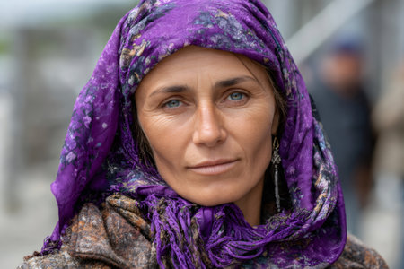 Woman wearing a vibrant purple headscarf, looking directly at the viewerの素材