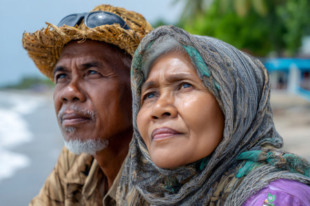 Elderly asian couple looking at the horizon with hope and contemplation on the beachの素材