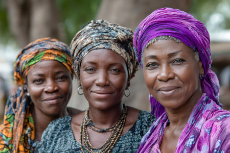 Three African women wearing traditional headscarves and clothing are looking and smilingの素材