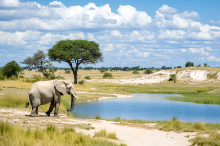 African elephant walking alongside a watering hole in the vibrant savanna under a cloudy skyの素材