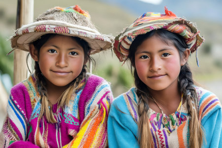 Indigenous girls from the Andes wearing colorful ponchos and woven hatsの素材