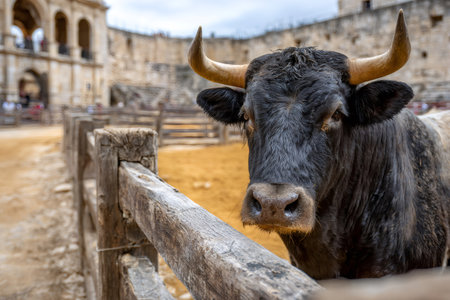 Bull peering over a rustic wooden fence inside an ancient stone amphitheaterの素材