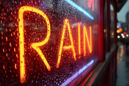 Water drops cover a window with the illuminated word rain glowing brightly in the eveningの素材