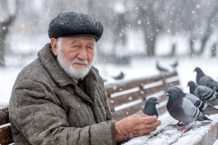 Senior man sitting on a park bench and interacting with pigeons during a snowfallの素材