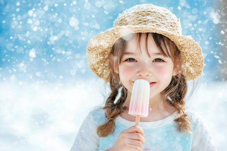 Smiling girl wearing hat and braids holding an ice cream bar in falling snowの素材