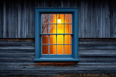Warm interior light glowing through a blue window frame in a wooden cabin wall at nightの素材