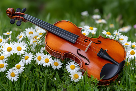 Violin instrument lying in a field surrounded by white daisy flowersの素材
