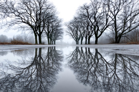 Barren trees reflecting in a roadside water puddle on a dreary, foggy winter dayの素材