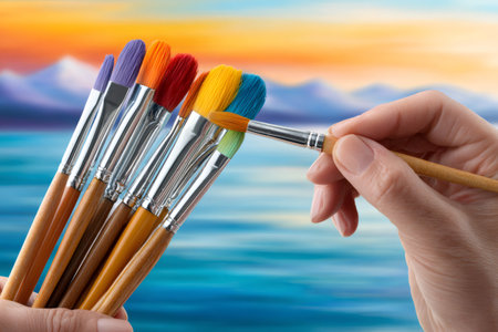 Artist's hand holding paintbrushes with vibrant colors against a painted landscape backgroundの素材