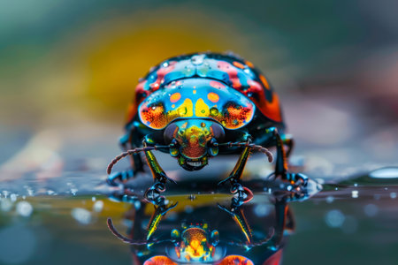 Colorful beetle with water drops standing on a reflective surface in macro viewの素材