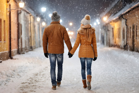 Couple walking away holding hands on a snowy street at night under warm streetlightsの素材
