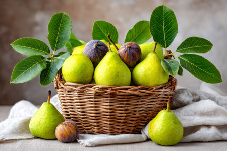 Pears and figs harvested, arranged in a woven basket with green leavesの素材