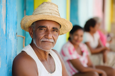Senior man with a mustache looking at the camera, leaning against a colorful wallの素材