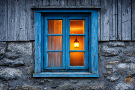 Old blue window in a stone and wooden wall with a warm glowing lantern insideの素材