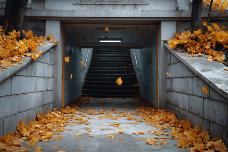 Concrete underpass with stairs leading down, surrounded by falling autumn leavesの素材