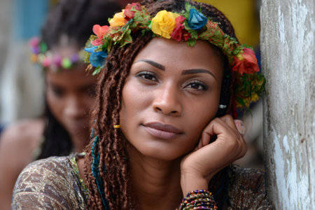 Woman with braided hair and colorful flower crown looking at cameraの素材