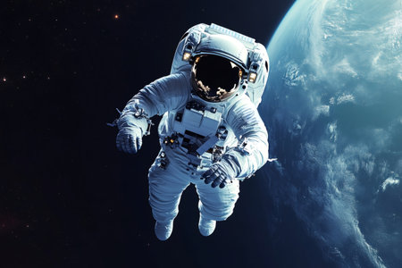 Astronaut floating in zero gravity against a dark starry sky and orbiting planet earthの素材