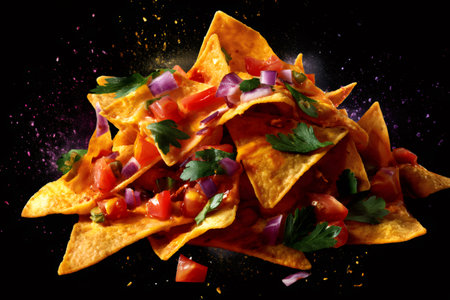 Nachos piled high with cheese, salsa, red onion, and parsley on a black backgroundの素材