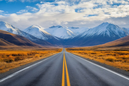 Highway stretching through a valley towards distant snow-capped mountains under a blue skyの素材