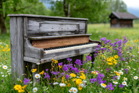 Weathered piano standing forgotten in a meadow vibrant with colorful wildflowersの素材
