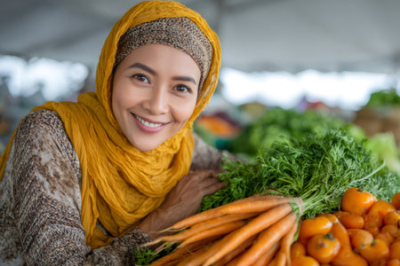 Smiling woman wearing a hijab standing with fresh carrots and tomatoes at a farmers marketの素材