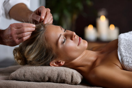 Woman relaxing during alternative medicine acupuncture therapy at a spaの素材
