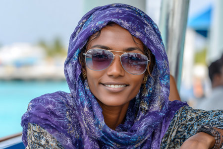 Maldivian woman smiling, wearing sunglasses and a patterned purple headscarf onboard a boatの素材