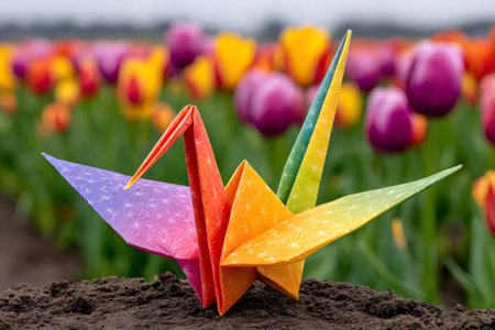 Origami paper crane with colorful gradient standing on soil foreground with blooming tulipsの素材