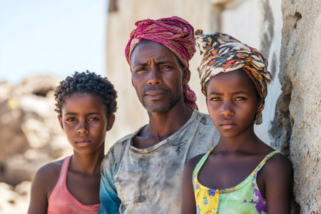 Malagasy father and young daughters looking at camera, representing family and connectionの素材