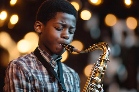 Young musician concentrating while playing a saxophone with bokeh lights in the backgroundの素材