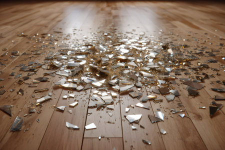 Broken shards of glass and glitter creating a shimmering mess on a light wooden floorの素材