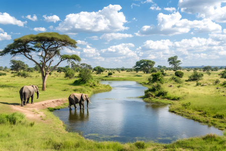 Two elephants drinking water from a winding river on a sunny African savannaの素材