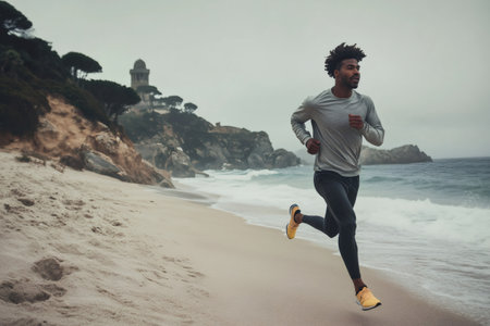 Young man exercising by running along the quiet coastline on a cloudy dayの素材