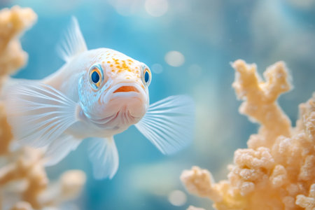 White fish observing viewer with blue eyes among coral in an aquatic habitatの素材