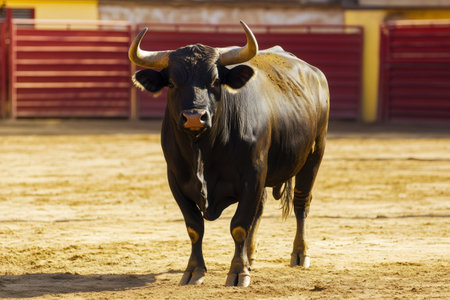 Black fighting bull with large horns standing confidently in a sunny bullfighting arenaの素材